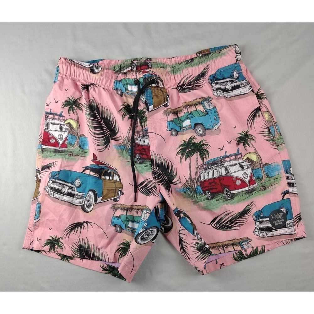 Psycho Tuna Swim Trunks Mens Large Pink Graphic Surfing VW Bus Beach Palm Trees